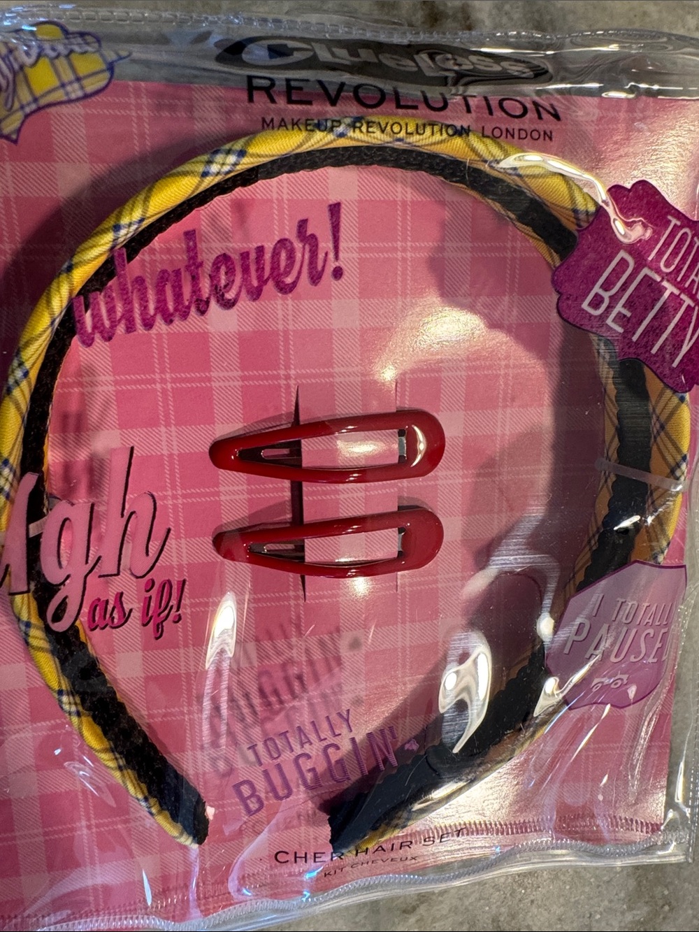 Clueless Revolution 3 Piece Set. Yellow Plaid Headband with Red Snap Clips